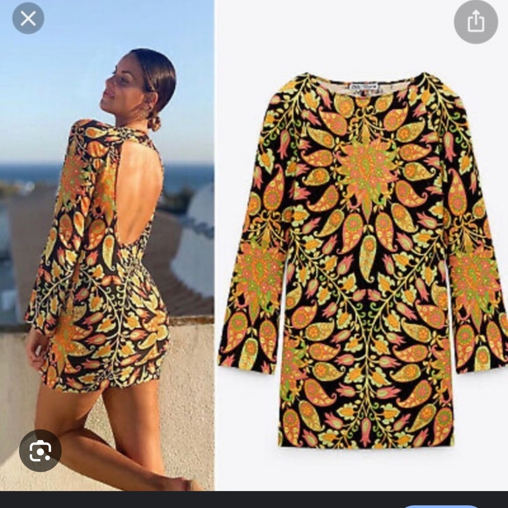 Zara Black and Orange Floral Long Sleeve Dress